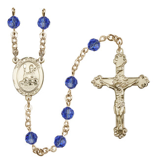 14 Karat Gold-Filled 6mm Austrian Crystal Saint Honorius of Amiens Rosary in Sapphire