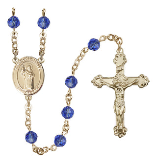14 Karat Gold-Filled 6mm Austrian Crystal Saint Columbkille Rosary in Sapphire