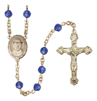 14 Karat Gold-Filled 6mm Austrian Crystal Saint Damien of Molokai Rosary in Sapphire