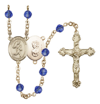 14 Karat Gold-Filled 6mm Austrian Crystal Saint Christopher/Track&Field-Men Rosary in Sapphire