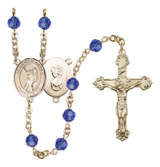 14 Karat Gold-Filled 6mm Austrian Crystal Saint Christopher/Lacrosse Rosary in Sapphire
