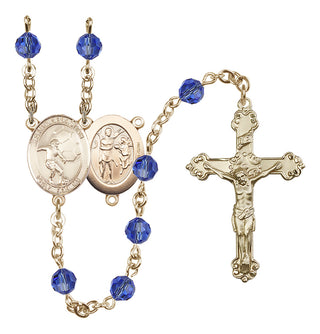 14 Karat Gold-Filled 6mm Austrian Crystal Saint Sebastian / Soccer Rosary in Sapphire