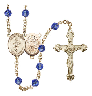 14 Karat Gold-Filled 6mm Austrian Crystal Saint Sebastian/Softball Rosary in Sapphire