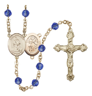 14 Karat Gold-Filled 6mm Austrian Crystal Saint Sebastian/Wrestling Rosary in Sapphire
