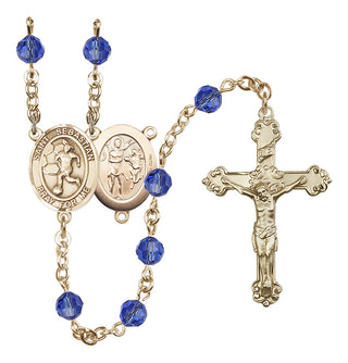 14 Karat Gold-Filled 6mm Austrian Crystal Saint Sebastian/Soccer-Women Rosary in Sapphire