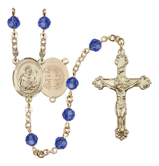 14 Karat Gold 6mm Austrian Crystal Saint Benedict Rosary in Sapphire