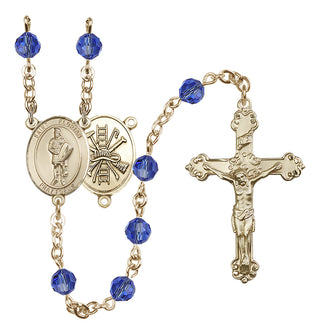 14 Karat Gold 6mm Austrian Crystal Saint Florian/Firefighter Rosary in Sapphire