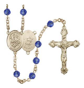 14 Karat Gold 6mm Austrian Crystal Saint George / Navy Rosary in Sapphire
