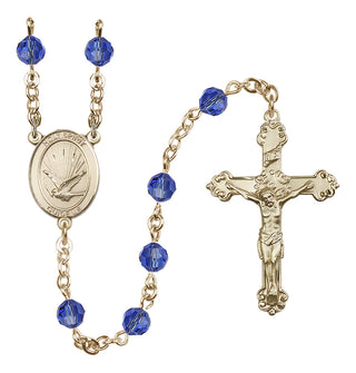 14 Karat Gold 6mm Austrian Crystal Holy Spirit Rosary in Sapphire