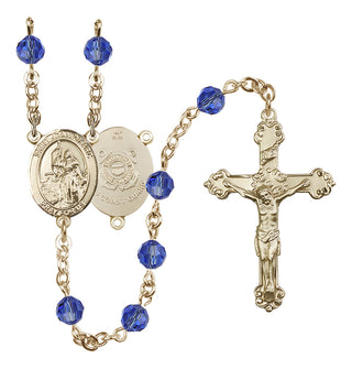 14 Karat Gold 6mm Austrian Crystal Saint Joan of Arc /Coast Guard Rosary in Sapphire