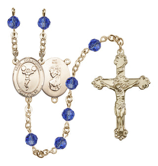 14 Karat Gold 6mm Austrian Crystal Saint Christopher/Cheerleading Rosary in Sapphire