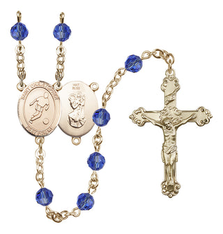 14 Karat Gold 6mm Austrian Crystal Saint Christopher/Soccer Rosary in Sapphire