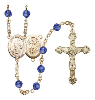 14 Karat Gold 6mm Austrian Crystal Saint Sebastian/Basketball Rosary in Sapphire