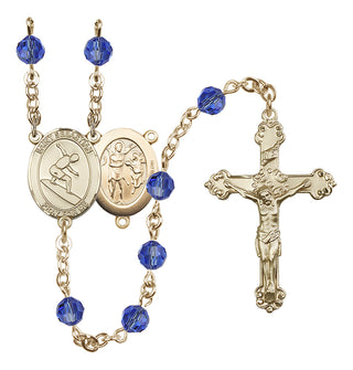 14 Karat Gold 6mm Austrian Crystal Saint Sebastian/Surfing Rosary in Sapphire