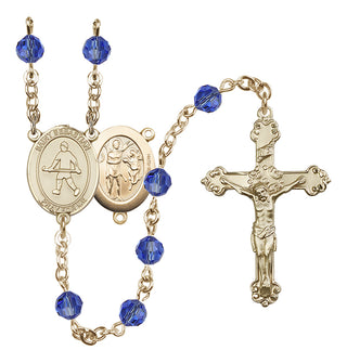 14 Karat Gold 6mm Austrian Crystal Saint Sebastian/Field Hockey Rosary in Sapphire