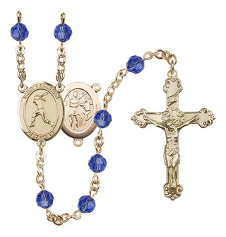 14 Karat Gold 6mm Austrian Crystal Saint Sebastian / Softball Rosary in Sapphire