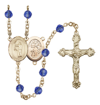 14 Karat Gold 6mm Austrian Crystal Saint Sebastian / Archery Rosary in Sapphire