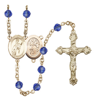 14 Karat Gold 6mm Austrian Crystal Saint Sebastian / Rodeo Rosary in Sapphire
