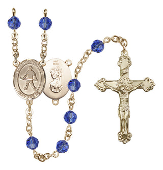14 Karat Gold 6mm Austrian Crystal Saint Christopher / Field Hockey Rosary in Sapphire