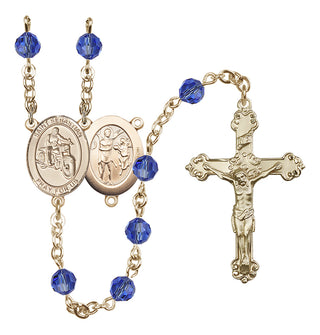 14 Karat Gold 6mm Austrian Crystal Saint Sebastian / Motorcycle Rosary in Sapphire