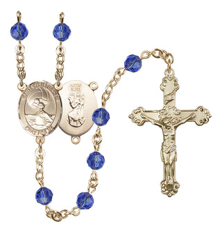 14 Karat Gold 6mm Austrian Crystal Saint Christopher/Water Polo Women Rosary in Sapphire