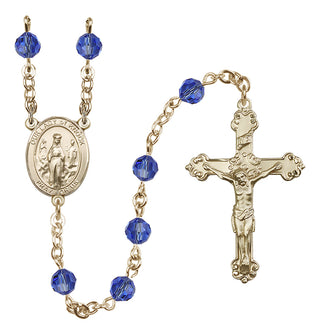 14 Karat Gold 6mm Austrian Crystal Our Lady of Knock Rosary in Sapphire