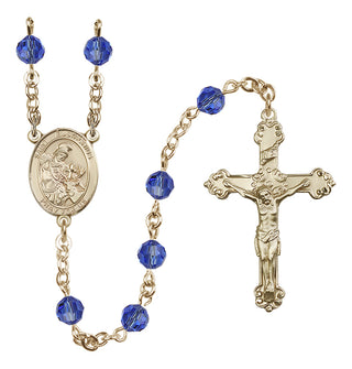 14 Karat Gold 6mm Austrian Crystal Saint Eustachius Rosary in Sapphire