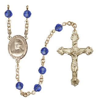 14 Karat Gold 6mm Austrian Crystal Blessed Miguel Pro Rosary in Sapphire