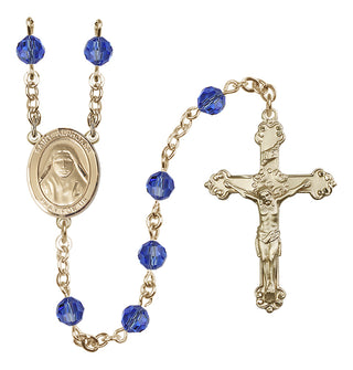 14 Karat Gold 6mm Austrian Crystal Saint Alphonsa of India Rosary in Sapphire