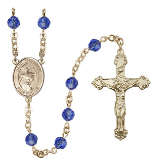 14 Karat Gold 6mm Austrian Crystal Saint Theodore Stratelates Rosary in Sapphire