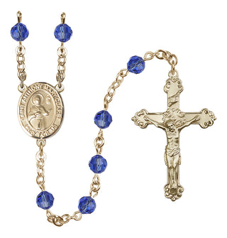 14 Karat Gold 6mm Austrian Crystal Saint Anthony Mary Claret Rosary in Sapphire
