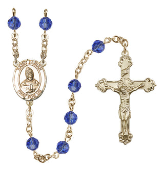 14 Karat Gold 6mm Austrian Crystal Saint Fabian Rosary in Sapphire