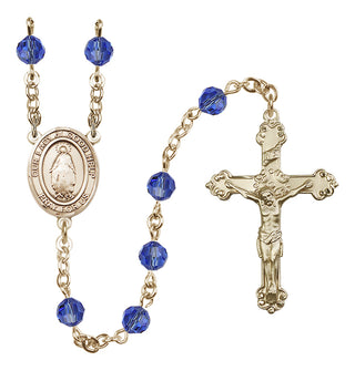 14 Karat Gold 6mm Austrian Crystal Our Lady of Good Help Rosary in Sapphire