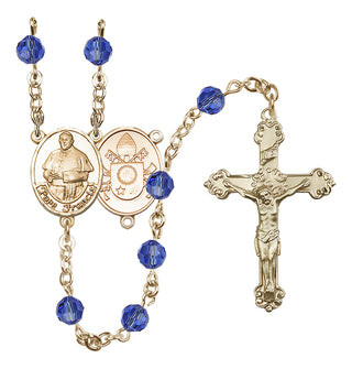 14 Karat Gold 6mm Austrian Crystal Pope Francis Rosary in Sapphire