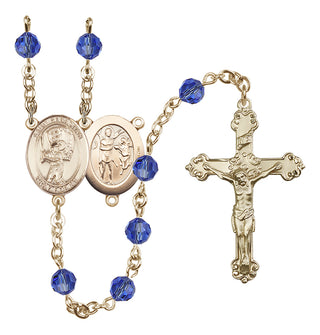 14 Karat Gold 6mm Austrian Crystal Saint Sebastian / Baseball Rosary in Sapphire