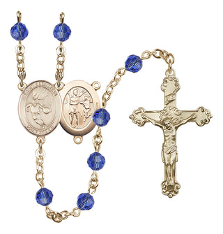 14 Karat Gold 6mm Austrian Crystal Saint Sebastian/Basketball Rosary in Sapphire