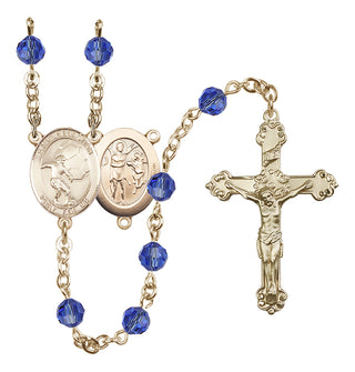 14 Karat Gold 6mm Austrian Crystal Saint Sebastian / Soccer Rosary in Sapphire