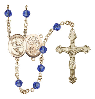 14 Karat Gold 6mm Austrian Crystal Saint Sebastian / Hockey Rosary in Sapphire
