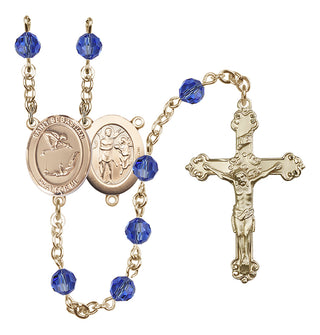 14 Karat Gold 6mm Austrian Crystal Saint Sebastian/Gymnastics Rosary in Sapphire