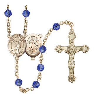 14 Karat Gold 6mm Austrian Crystal Saint Sebastian/Lacrosse Rosary in Sapphire