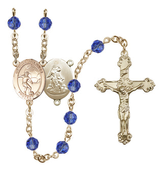 14 Karat Gold 6mm Austrian Crystal Guardian Angel/Soccer Rosary in Sapphire