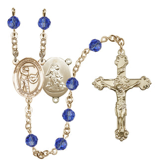 14 Karat Gold 6mm Austrian Crystal Guardian Angel/Golf Rosary in Sapphire
