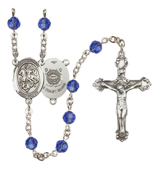 Sterling Silver 6mm Austrian Crystal Saint George / Coast Guard Rosary in Sapphire