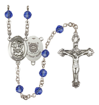 Sterling Silver 6mm Austrian Crystal Saint Michael / Coast Guard Rosary in Sapphire