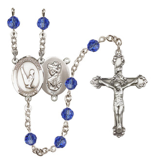Sterling Silver 6mm Austrian Crystal Saint Christopher/Gymnastics Rosary in Sapphire