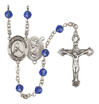 Sterling Silver 6mm Austrian Crystal Saint Christopher/Ice Hockey Rosary in Sapphire