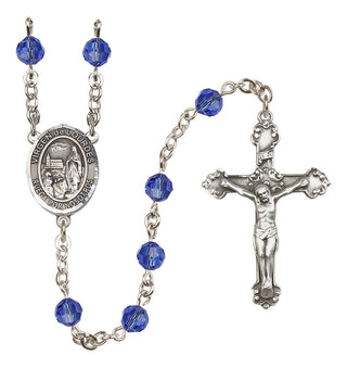 Sterling Silver 6mm Austrian Crystal Virgen del Lourdes Rosary in Sapphire