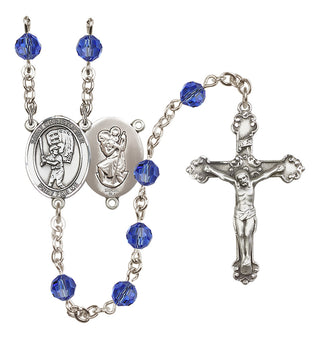 Sterling Silver 6mm Austrian Crystal Saint Christopher/Baseball Rosary in Sapphire