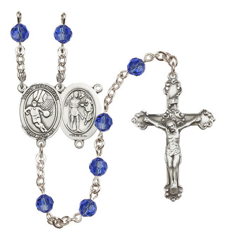 Sterling Silver 6mm Austrian Crystal Saint Sebastian/Basketball Rosary in Sapphire