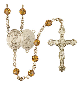14 Karat Gold-Filled 6mm Austrian Crystal Saint Christopher / Air Force Rosary in Topaz